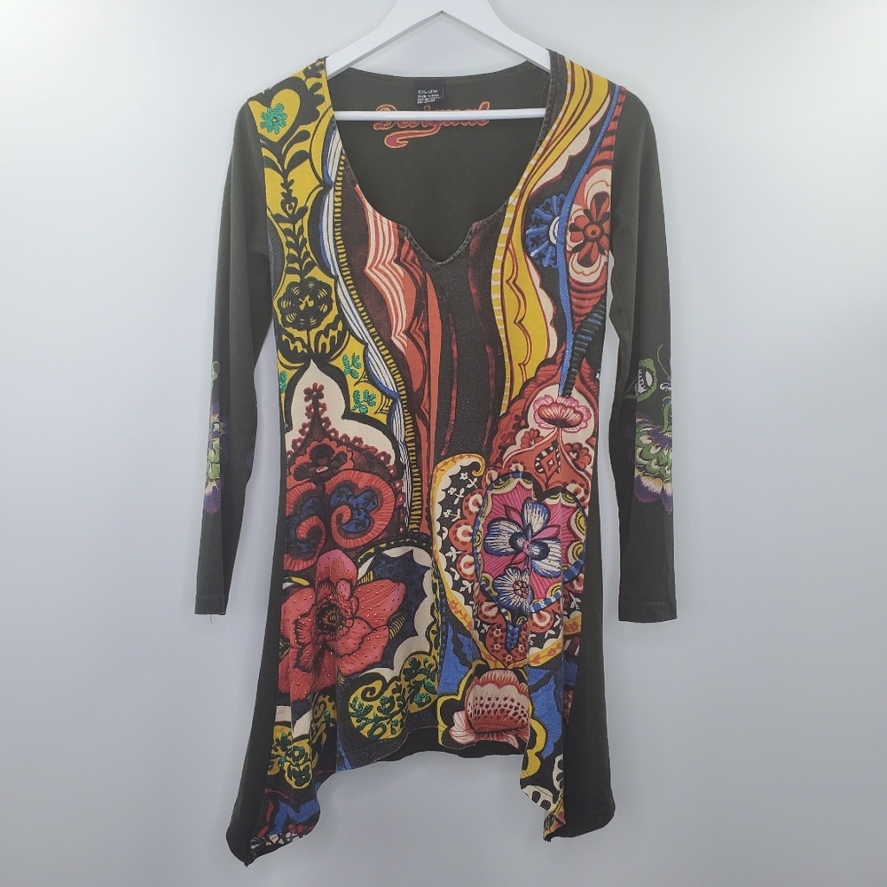 Desigual Boho Beaded Floral Tunic Long Sleeves Top Gray - Picture 1 of 7